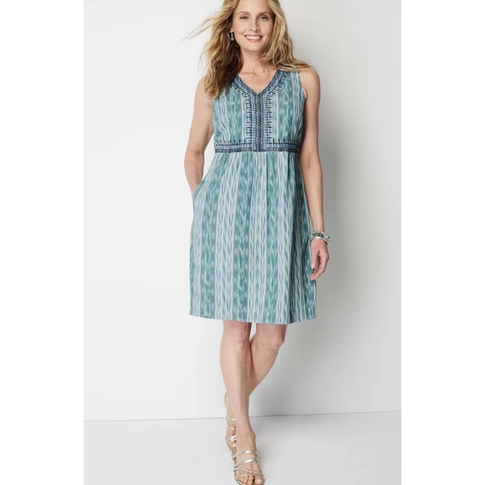 J JILL Dress Embroidered Ikat Cotton Shift V Neck Southwest Pockets Size Small